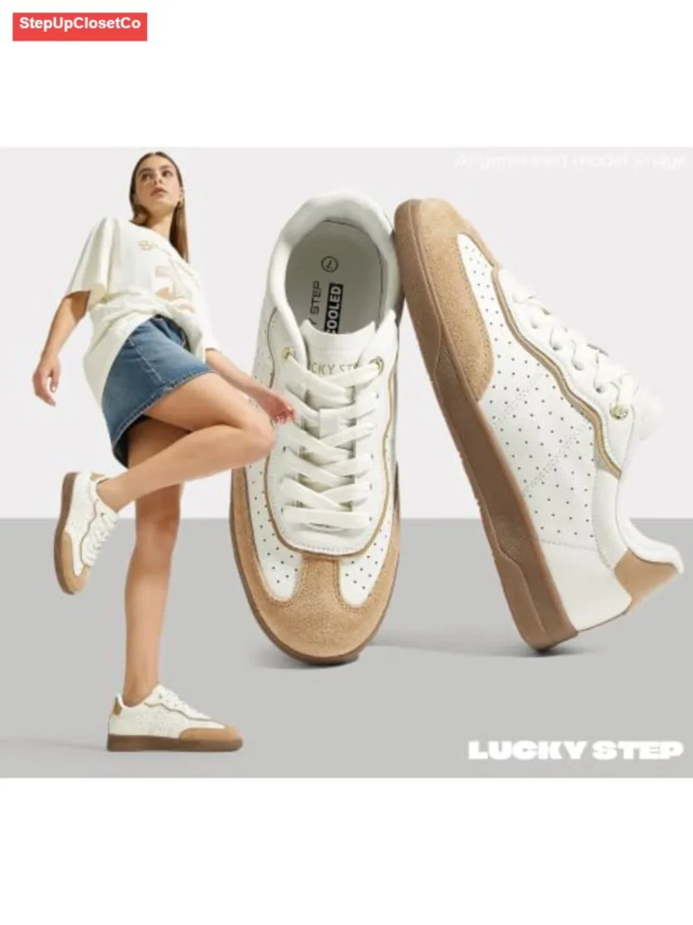 Lucky Step Women's Retro Court Sneakers Low Top Lace-Up Suede Toe Cap Casual